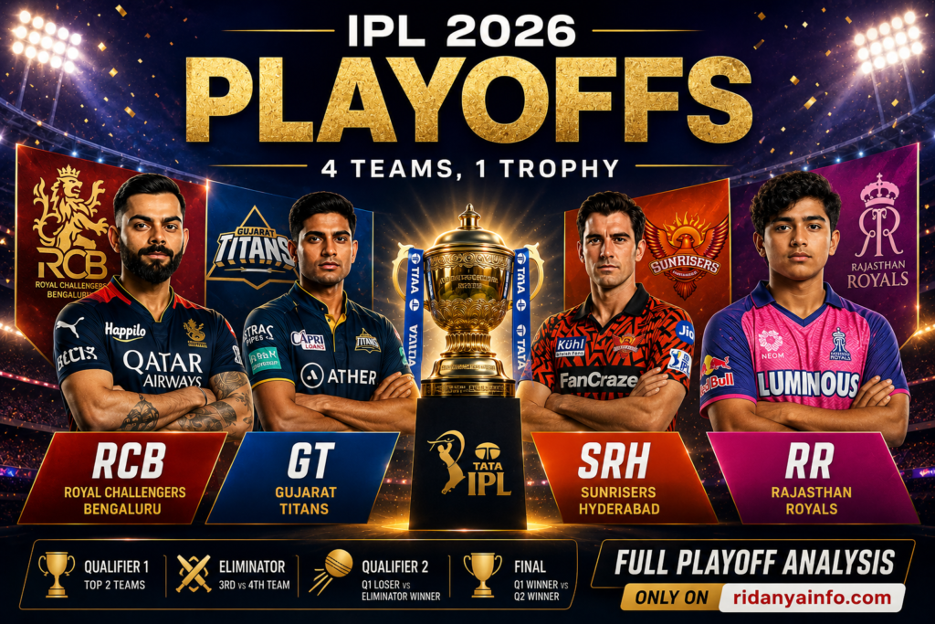IPL 2026 Playoffs featured image showing RCB, Gujarat Titans, Sunrisers Hyderabad and Rajasthan Royals with IPL trophy, playoff format and ridanyainfo.com branding in professional cricket poster style.