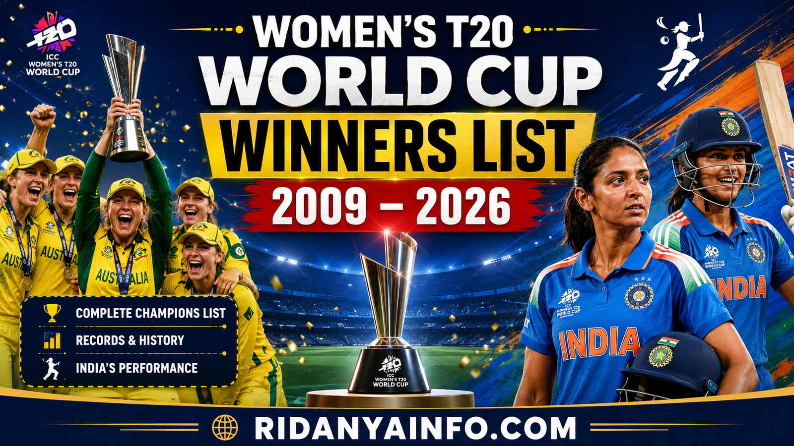 Women's T20 World Cup Winners List 2009-2026 featuring ICC Women's T20 World Cup trophy, Australia Women champions, India Women cricket team, records, history and winners list by Ridanyainfo.com