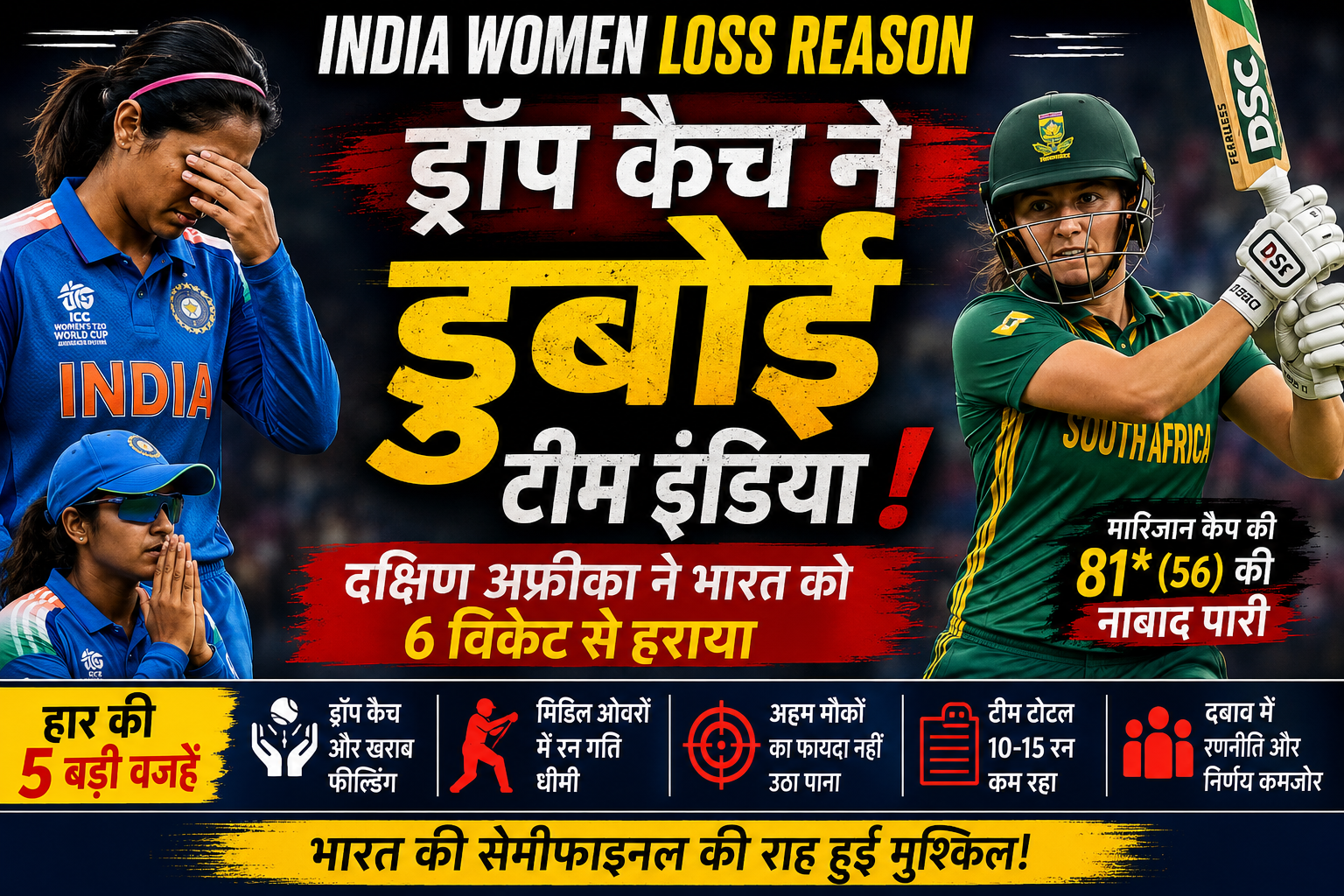 India Women Loss Reason: South Africa Women ke khilaf Women's T20 World Cup 2026 mein India Women ki haar ke baad nirash khiladi, drop catch aur Marizanne Kapp ki 81 run ki match-winning pari ko dikhata featured image.